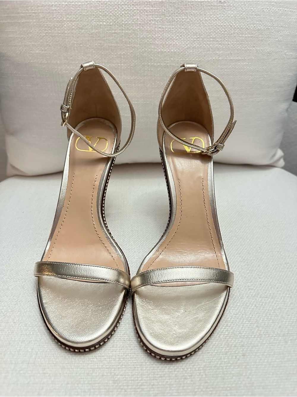 Valentino Garavani Metallic Gold Ankle-Strap Heels with rhinestones